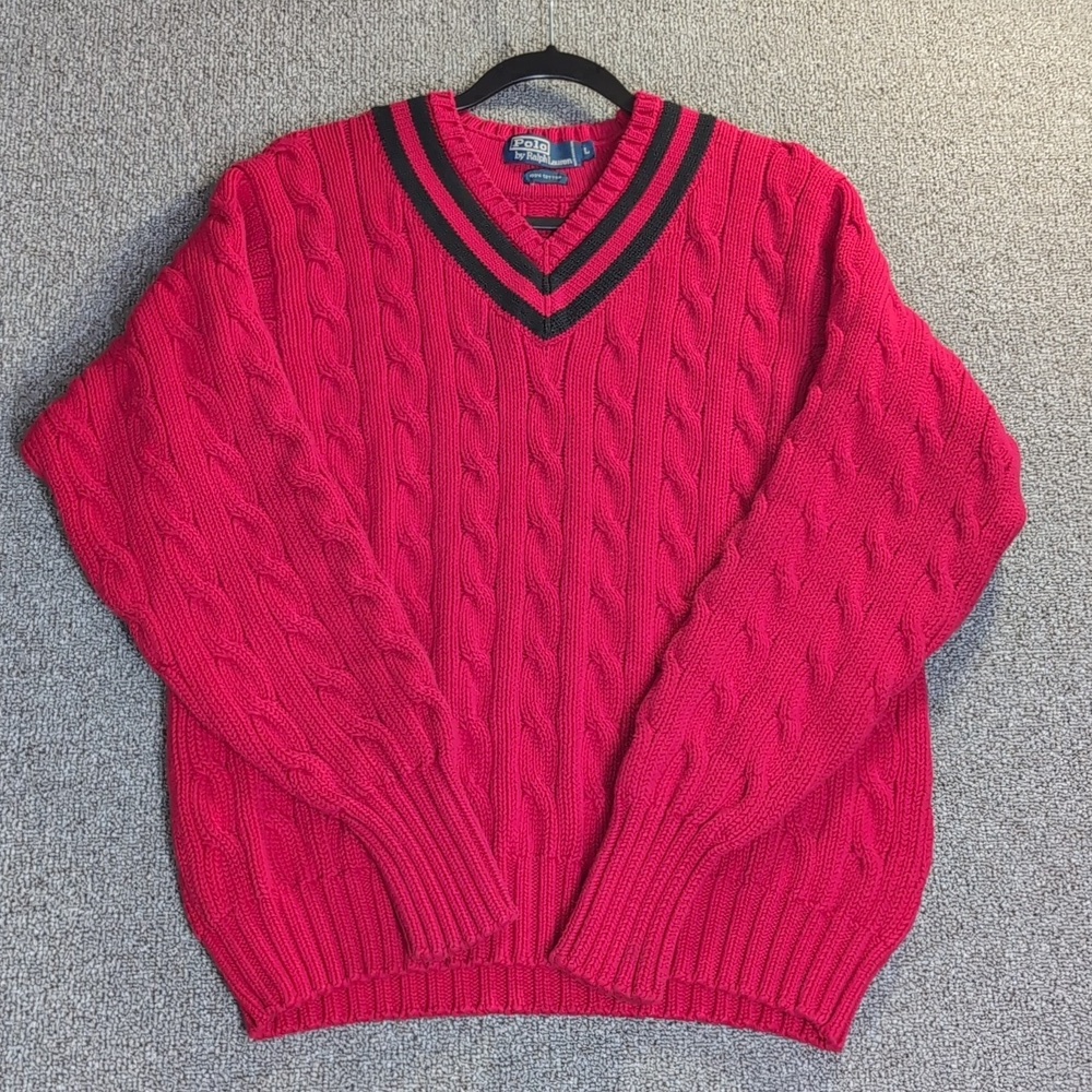 VTG Polo Ralph Lauren Cable Knit V-Neck Tennis Sweater Size Large in Red & Black